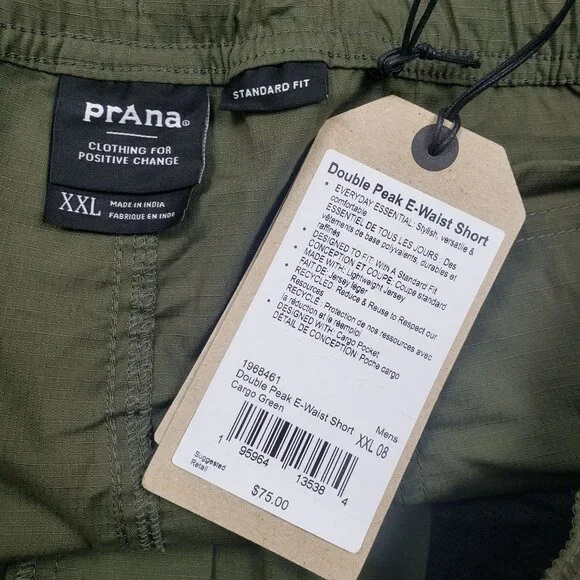 PrAna Double Peak E-Waist Shorts Men's XXL 8" Inseam Cargo Green Ripstop UPF 50+ - Picture 2 of 16